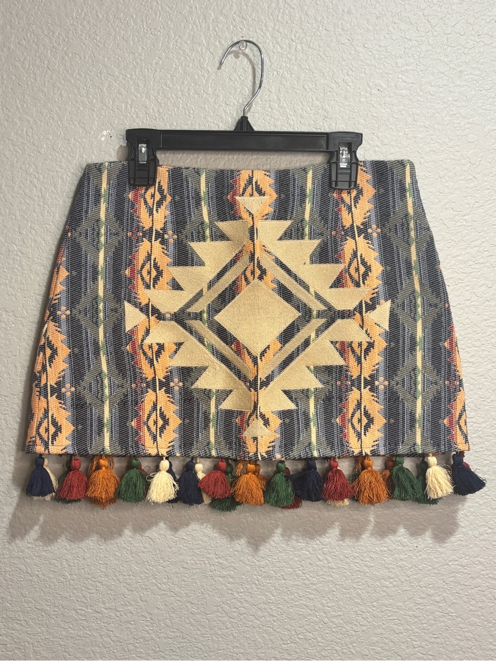 Judith March Aztec Tassel Hem Mini Skirt - Navy, Mustard & Multicolor